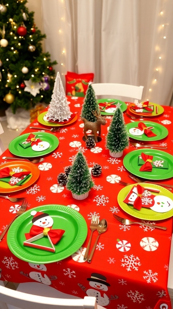 A vibrant Christmas table for kids with colorful decorations, festive dinnerware, and DIY centerpieces.
